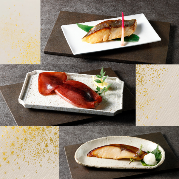 粕漬けガイド：みなみかごかます、まついか、白ひらす。広がる風味と食感の個性