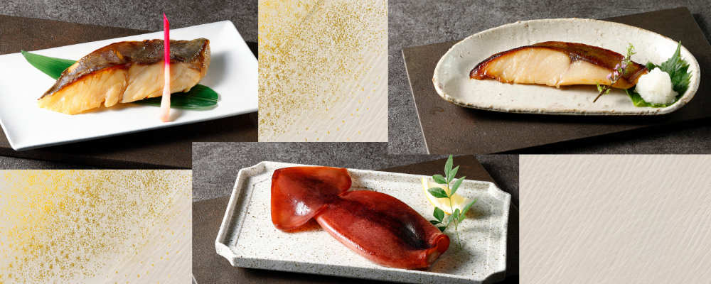 焼き上げて皿に盛りつけられたみなみかごかます・まついか・白ひらす