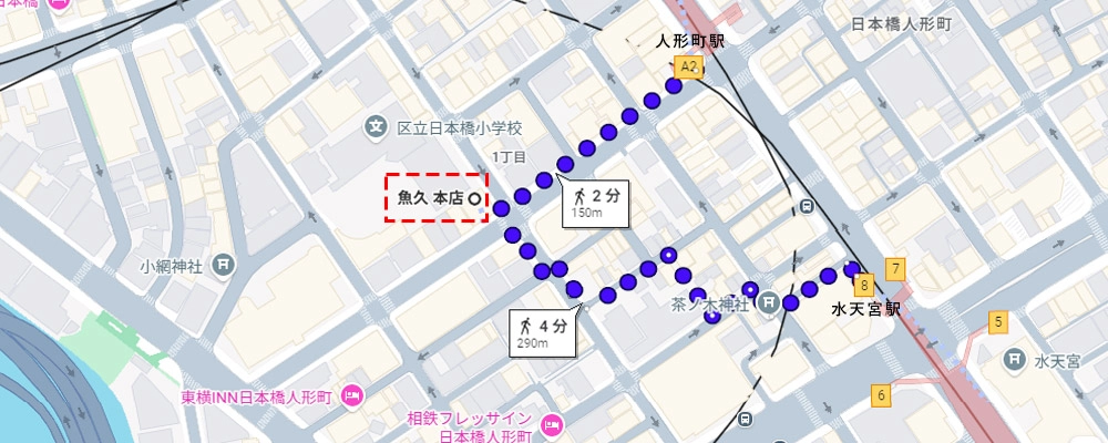 人形町駅および水天宮前駅から魚久本店までの徒歩ルートと所要時間の地図