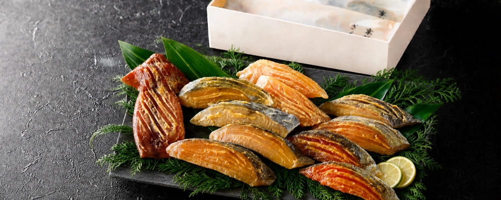 魚久E11 京粕漬詰合せの調理前の切り身と個別包装箱イメージ。定番詰合せカテゴリページへ