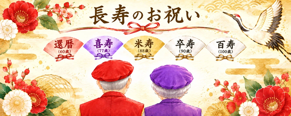 還暦、喜寿、米寿、卒寿、百寿を表現した長寿のお祝いの和風イラスト