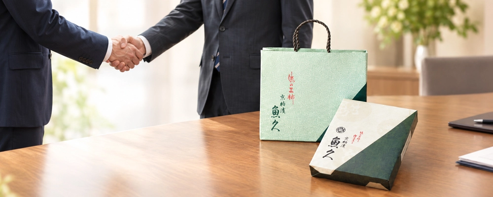 机の横で握手を交わすビジネスパーソンと、魚久の手提げ袋・贈答箱